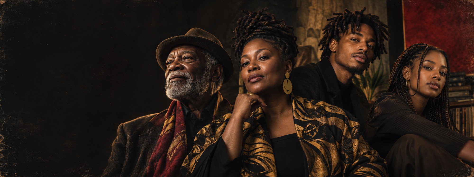 Four Black British people from different generations posed together in a softly lit room: an elder with a white beard and felt hat, a woman in a black-and-gold jacket, a young man with locs and a young woman with long braids.